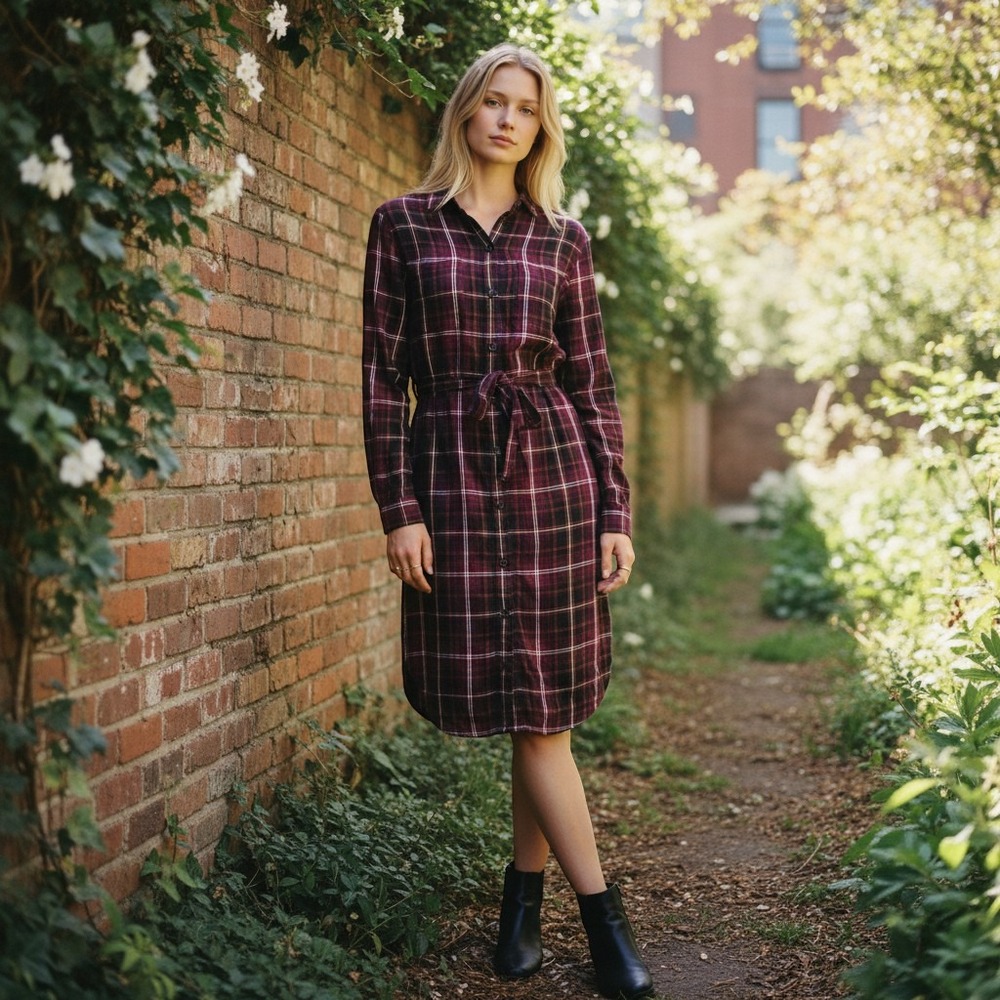 Banana Republic‎ Burgundy Plaid Button Front Shirt Dress Long Sleeve Womens 4